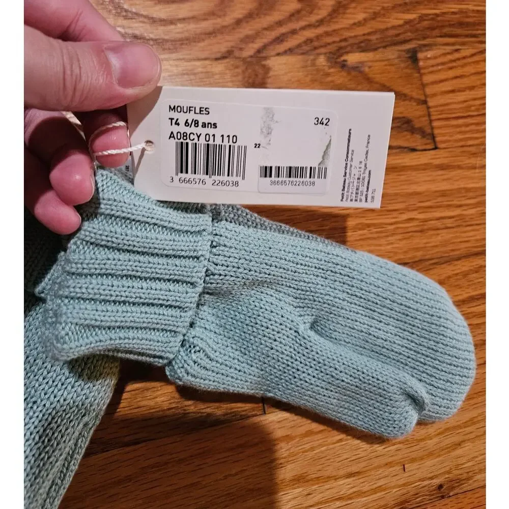 NWT! Petit Bateau Minty Green Organic Cotton Yarn Mittens Size 6-8 Girl or Boy